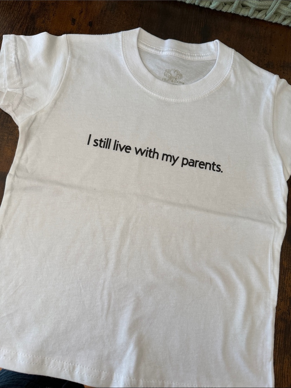 Fruit of the Loom White Kids Tee with Black Text Graphic